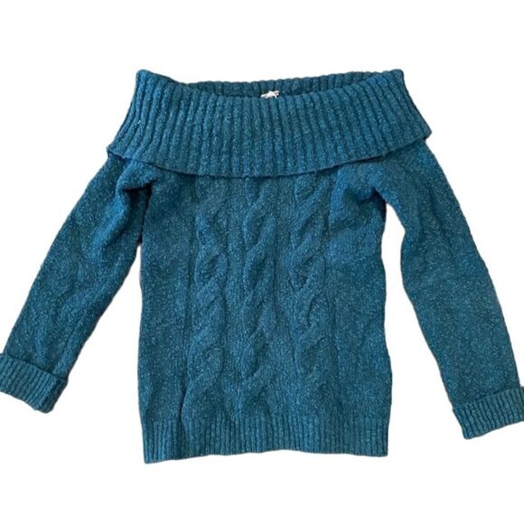 Free People- Cable Foldover Off The Shoulder Sweater in Teal Blue, Size Large - Picture 2 of 9
